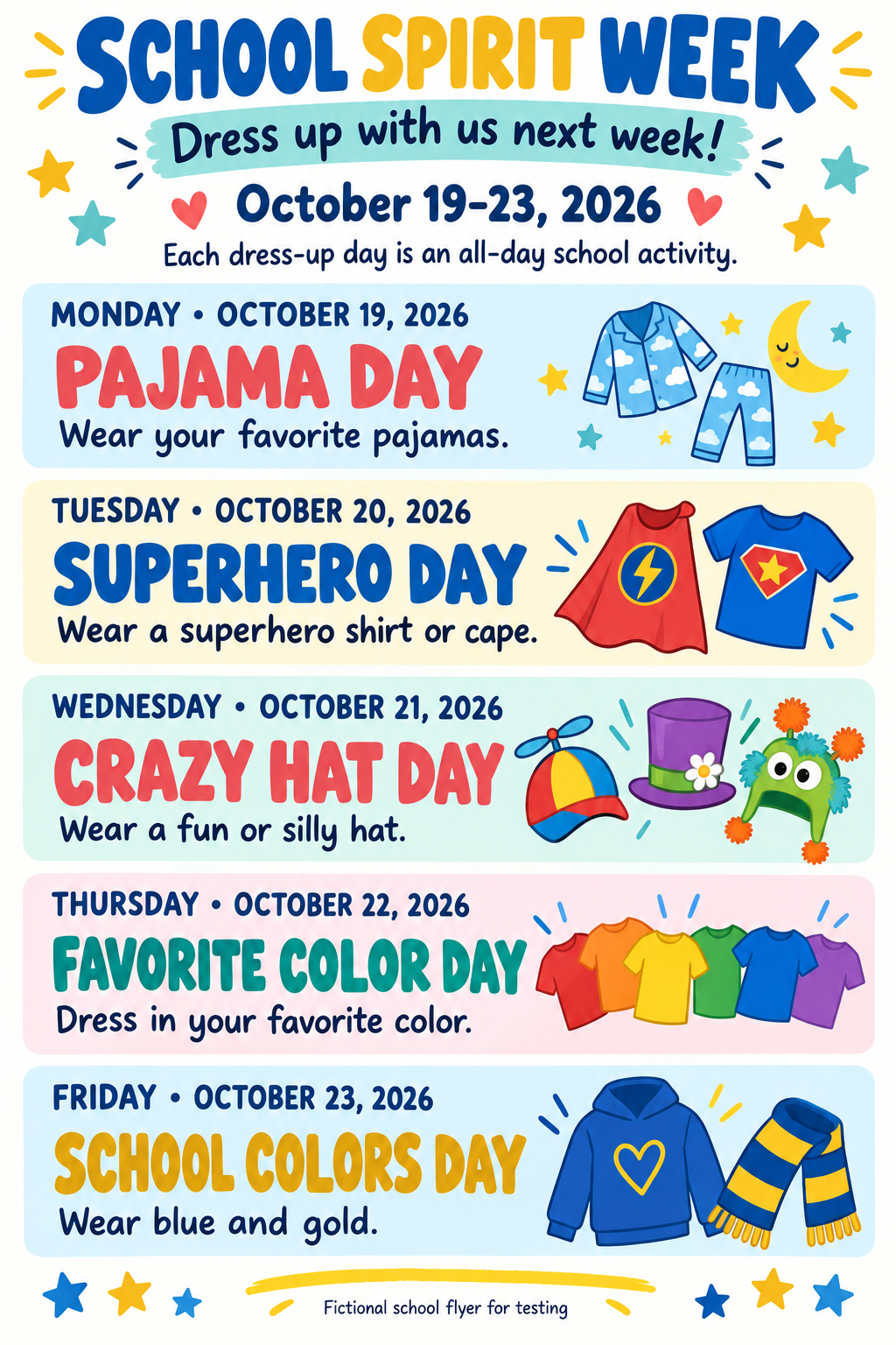 Fictional School Spirit Week flyer: Pajama Day October 19, Superhero Day October 20, Crazy Hat Day October 21, Favorite Color Day October 22 and School Colors Day October 23, 2026. All five are all-day activities.